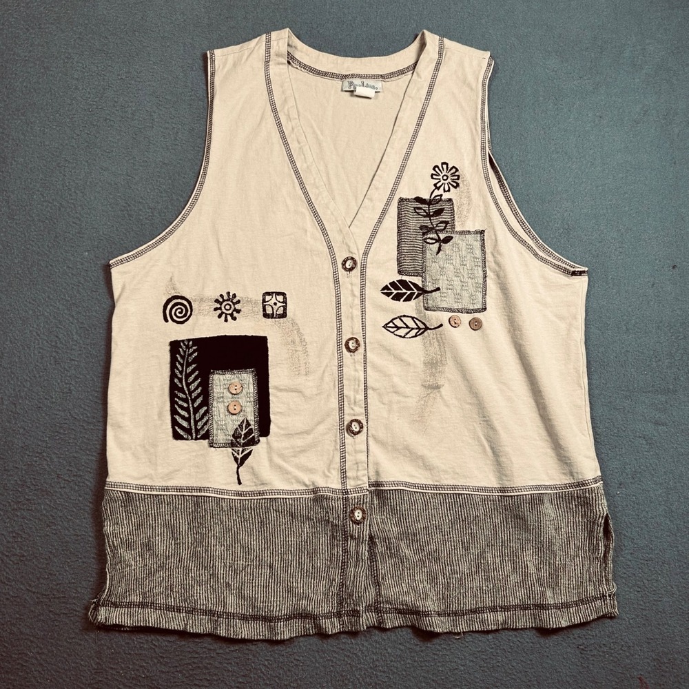 FineLine Vest Women L Beige Patchwork Art Deco Button Front Sleeveless Top